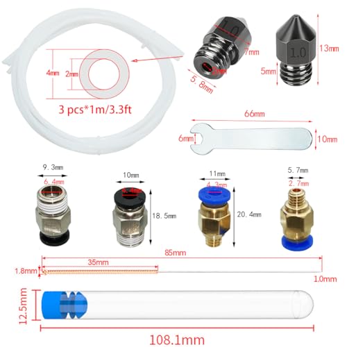 Gehard stalen spuitmonden, voor 1,75 mm filament Ender 3, 6 x MK8 mondstuk van gehard staal 1 mm + 3 x reinigende stalen naald 1 mm + 1 stuk PC4-M6-M10+ 6 mm sleutel + 3 x 1 m Teflon slang