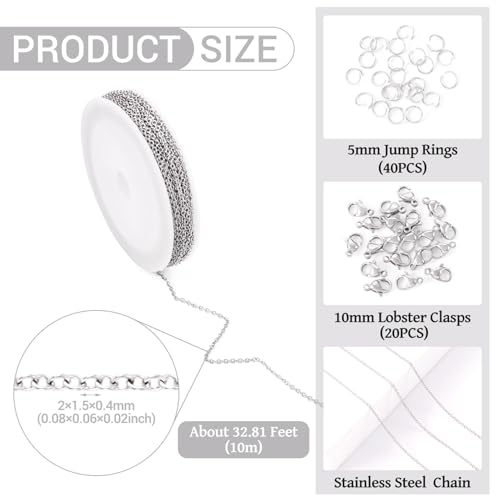 10M 304 Roestvrij stalen kabelkettingen 2x1.5x0.4mm Metalen Oval Link ketting maken Kit met Claw Clasps Jumping Rings voor DIY Sieraden maken 5