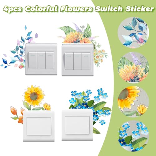 Lichtschakelaar Sticker,4st Kleurrijke bloemen Wandstickers Waterdichte lichtschakelaar Covers Decor Stickers Wandschakelaar Sticker voor woonkamer Slaapkamer Badkamer Keuken Office 5