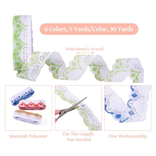 30 Yards Flower Lace Trim Ribbons 6 Kleuren 30mm Brede Etnische Style Polyester Golf Trim Assorted Lace Trim voor Naaien Project Geschenk Gewikkeld Party Decor 4