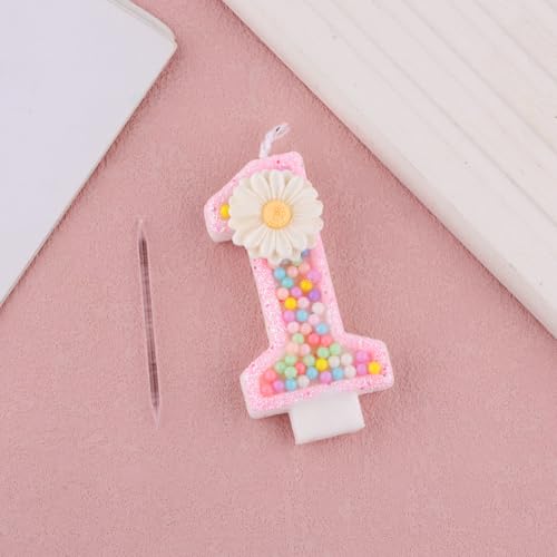 Roze verjaardag Kaars met Digital 1, 7.3cm Schattig Daisy Pastel Macaron Glossy Eerste verjaardag Kaars Een Cake Topper Decoratie voor meisjes Vrouwen Eerste verjaardagen Anniversary 3