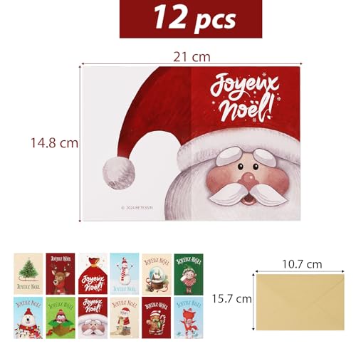 12 Kerstkaarten met Envelop in het Frans, Cadeau voor vrienden en Kerstmis