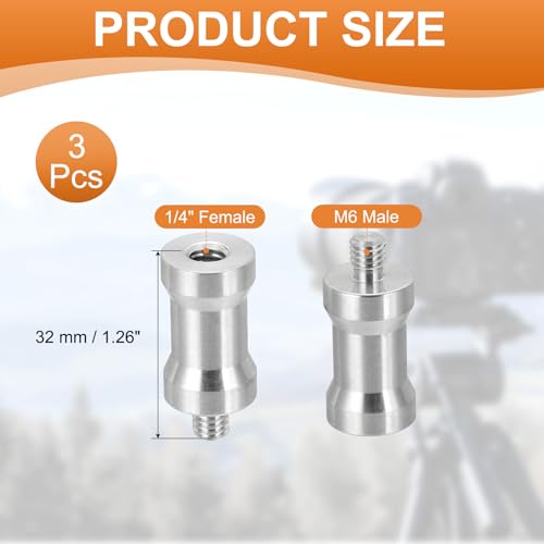 Camera Spindle Schroef Converter 1/4 Inch Vrouw naar M6 Man, 3 Pack Tripod Schroef Adapter Spindle Pen voor lichte stand, Hot Shoe Koude Schoen Adapter Ball Head Flash, Zilver