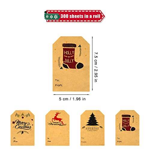 300st 5x7.5cm Zelfklevende Kerstcadeau Tags, Kraftpapier Kersttickers op rol Decoratieve Cadeaulabels Stickers voor cadeauverpakking Do-It-Yourself Crafts