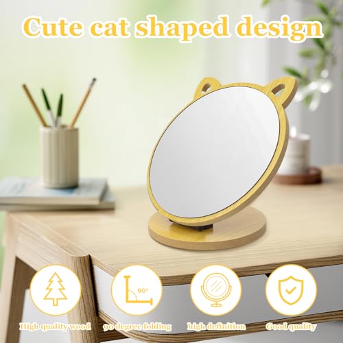 Opvouwbare spiegel, verstelbare hoek, cosmetische spiegel, Kattenoorvorm, Spiegel voor kinderen, Tafelspiegel met houten basis voor slaapkamer, woonkamer, badkamer 3