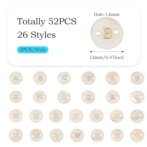 52 st A-Z Letter Zoetwater Shell Knoppen 12mm Flat Ronde 2 Hole Naaiknoppen Ambacht Knoppen met brieven Bulk voor doe-het-zelf sieraden maken en naaien ambachten 4