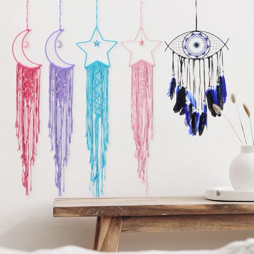 Moon Star Dream Catcher Decor, 39" Boho Droom Catcher Macrame geweven muur Hangen voor Home Decoratie Slaapkamer Accessoires Cafes Bruiloft Decoratie, Roze 4