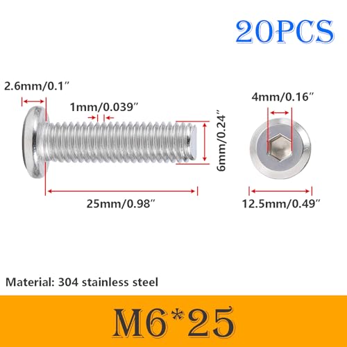 Verpakking van 20 Hex Socket Schroeven, M6 x 25mm Flat Head Schroeven, Hex Socket Schroeven, 304 RVS Schroeven, Volledige Thread, Meubilair Aansluiting Schroeven