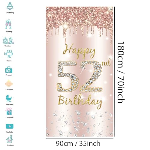 52e verjaardag Decoratie Vrouwen, Gelukkig 52e verjaardag Deur Banner Rose Gold,52e Verjaardag Stof Tekenposter Deur Decoratie,52e verjaardag Achtergrond Banner Dames,Voerdag Partij Welkom Teken