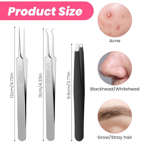 3 stuks Blackhead Verwijdering Tweezers Set, Pimple Remover Set, Tweezers voor het verwijderen van ingegroeid haar, roestvrij staal, Blackhead Extractor voor Acne