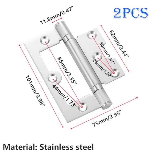 Verpakking van 2 inbouwdeurscharnieren, 101mm roestvrijstalen scharnieren met schroeven, geen geluid, gevouwen deurscharnieren voor deuren, kasten, meubels