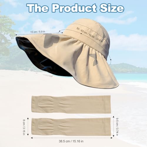 Brede zonnehoeden voor vrouwen met mouwen, opvouwbare zomerhoed voor reizen en UV-bescherming handschoenset, lichtgewicht Travel Accessoires voor buitenactiviteiten, Beige, One Size, beige, One size 5