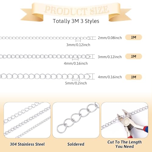 9.84 Voet Stainless Steel Curb ketting Twisted Link Extender Chain 3 Style Tarnish Resistant Gebraden ketting voor mannen Vrouwen sieraden ambachtelijke ketting armband DIY Accessoire 5