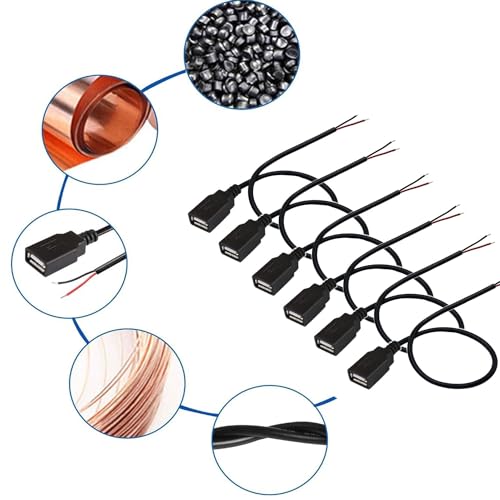 Pak van 6 USB-poort, USB-poort voor Solderen, USB-plug, 2 Pin Kabel, Pigtail Kabel voor doe-het-zelf vervanging Reparatie (30cm)