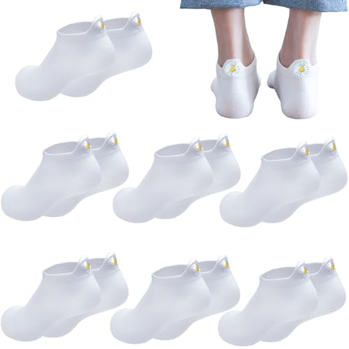 Sneaker sokken voor vrouwen, 4-7, 7 paar, Weekly, schattig geborduurd Daisy enkelsokken, ademende katoenen sokken voor vrouwen meisjes, wit, 4-7, wit