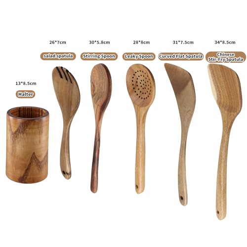 Houten keukenset, houten keukengerei voor koken, 6-Piece keukengerei met houder, houten spatula met gat, kooklepel, spatula, slaafvork voor beginners en kookliefhebbers