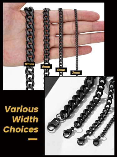 sieraden 9mm Curb Heren ketting, zwart plat Cubaanse Link voor mannen, 316L roestvrij staal sieraden 18' 22' 26' 28' 30inch 3