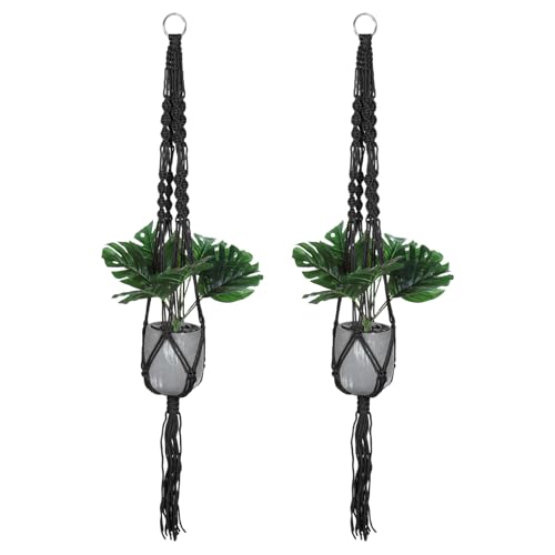 Macrame Indoor Plant Hangers, 2 stuks Hangende Plant Plank met stevige houten basis voor Home Decor, Hangende Muur Plafond raam, Zwart