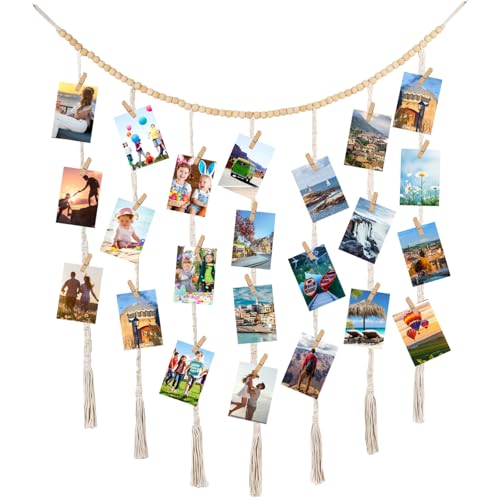 Macrame Photo Wall Hang Display met 45 Clips Diy, 120×90 Cm Photo Collage Frames, Hangende Foto Display, Foto Hangen Macrame Photo Wall, Macrame Photo Display Wall Hangen voor foto's Kaarten