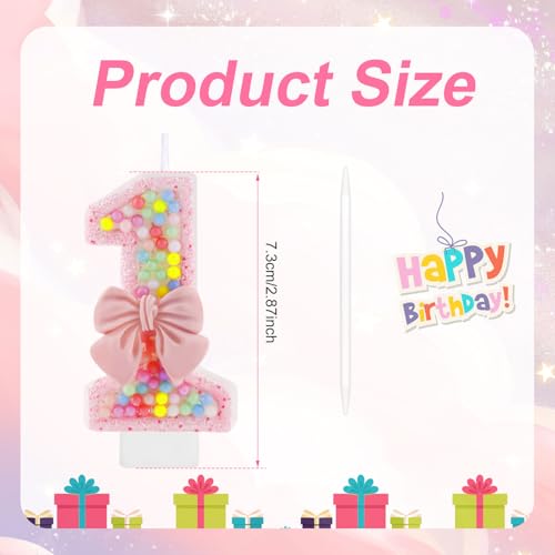 Roze Verjaardag Kaars nummer 1, 7.3cm Roze Bow 1e Verjaardag Cake Kaars Glitter Macaron Cake Topper voor meisjes Eerste verjaardag Anniversary Party Decoration