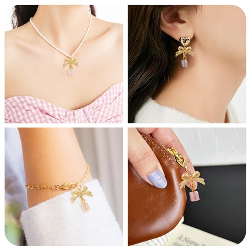 14 st Glass Charm Bowknot Golden Bowknot Dangle Charms met Kubus kralen Bow, hangers en Lampwerk Kralen voor DIY oorring Cadeau Decoratie, Glas, Glas 3