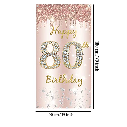 80th Birthday Decoration - Gelukkige Verjaardag Deur Banner Rose Gold, Stof Tekenposter, Achtergrond Banner voor Vrouwen, Verjaardagsfeest Welkom Sign