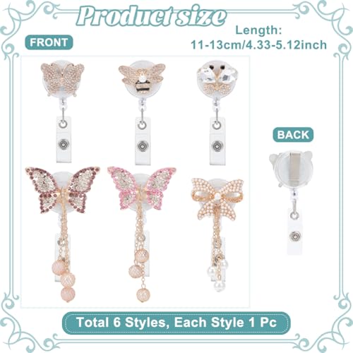 6 Stks 6 Stijlen Vlinder Intrekbare Badge Reels, Legering Strass Swivel Clip Badge Reel Vlinder ID Kaarthouders voor Leer Verpleegkundig Arts Werknemer Kantoor