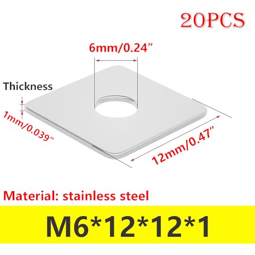 Verpakking van 20 vierkante ringen, M6 roestvrijstalen ringen, vierkante ringen, M6 x 12 x 1 mm, voor bevestiging