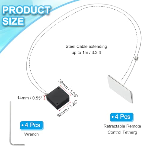 3.3 Ft Intrekbare afstandsbediening Tether, 4 stuks Vierkante beveiliging Kabel Lanyard Lock met verstelbare sluiting lijm voor TV-afstandsbediening, zwart (Square Iron