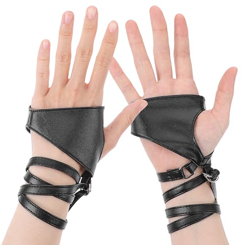 Punk Handschoenen, PU Lederen Half Palm Vingerloze Handschoenen Zwart Fietsen Rijden Motorfiets Handschoenen Nacht Bar Band Up Gotische Handschoenen voor Halloween Performance Cosplay, Zwart, M