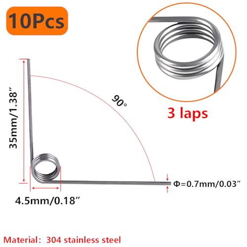 Verpakking van 10 304 Roestvrij stalen torsieveren, draaddiameter 0,7 mm, 3 rotaties x 90° V Vorm voor reparatieprojecten