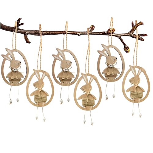 Houten konijn hanger, 6 stuks, paashaas hangen, decoratie, paassieraden gemaakt van hout, voor opknoping (Zuo)