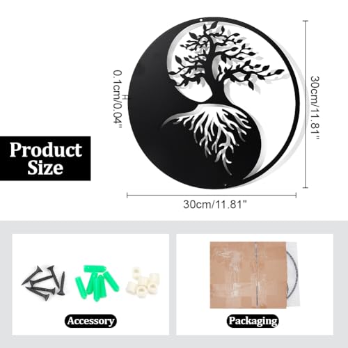 Boom van het leven Metalen Muur Decor, 30cm Yin Yang Wall Art Zwarte Wallpaper Decor Silhouette Wall Art voor Slaapkamer Woonkamer Badkamer Office Garden Hotel Wall Decoratie