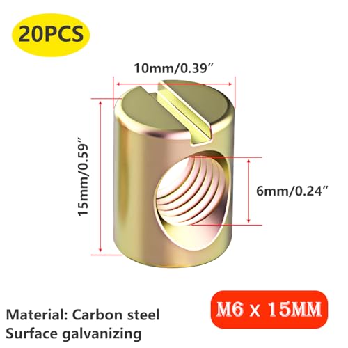 20 st Barrel Noten, Single Groove, Zink Verguld, M6 x 15mm Cilinder Noten, voor Meubilair, Crib, Stoelen