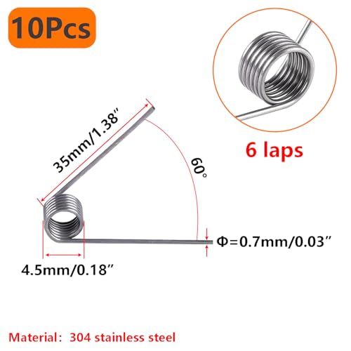Verpakking van 10 torsieveren, V-vormige lente, 0,7 x 6 rotaties x 60° snoeischaarveren, buitenste diameter 4,5 mm, voor reparatieprojecten