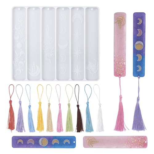 11Stuks Maan Fase Bladwijzer Siliconen mallen Rechthoek 3D het maken van bladwijzer vormen Ster UV-hars mallen met 10 stuks Tassels voor ambachten, sieraden het maken van decoratie