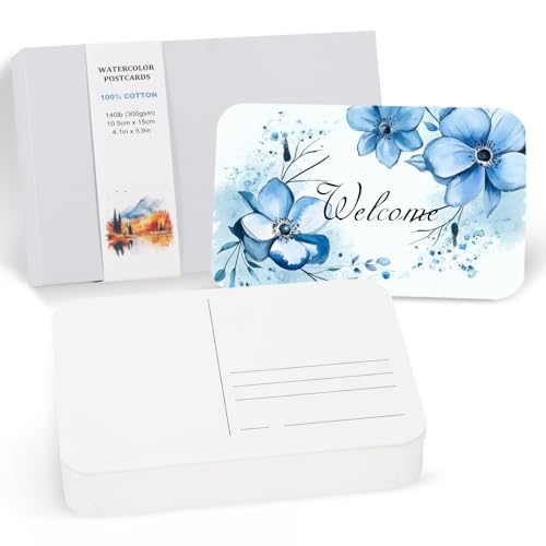 60 Vellen Aquarel ansichtkaarten, 100% Katoen 100 x 15cm Blanco afgeronde hoeken Aquarelpapier Postkaarten Koud geperst voor het versturen van kunst Schilderen Tekenen, 150 lbs/300g/m2 (Witte doos)