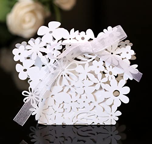 50 stuks Hollow Flower Cadeaudozen, Bonbonniere Doos, Cadeaudoosje, Gasten Cadeau, Opvouwdoosje voor bruiloft, Doop, Verjaardag, Feestelijke, Favor, Tafel decoratie, Bruidspaar, Cadeauverpakking, Wit