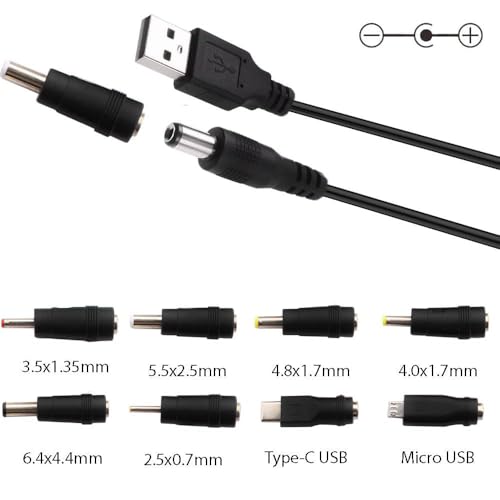 USB naar DC 5V Plug, 8-in-1 USB A naar Hollow Plug, DC Adapter Kabel voor Routers, Mini Fans, Speakers en andere 5V-apparaten (1m, zwart)