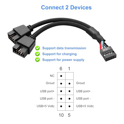 2 Pack Moederbord USB 2.0 9Pin Header Splitter 9 Pin USB 2.0 Vrouw naar Dual 9 Pin Male Header Cable Nylon Braided (Zwart) 3