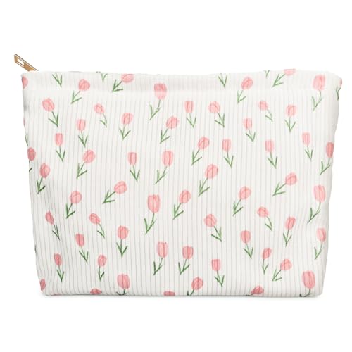 Cosmetic Bag Toiltry Bag Makeup Bag - Cosmetic Bag met bloemen patronen - Toiletartikelen Bag Dames met rits - Kleine cadeautjes voor vrouwen en meisjes, wit met tulpen, modern