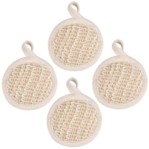4 Stuks Natuurlijke Luffa-spons 8 x 8 Cm Loofah Lichaamsborstel, Herbruisbaar Peelingspons met Elastische Band, Ronde Loofah Spons Pad Natuurlijke Lufah Spons voor Mannen Vrouwen Douche Beige