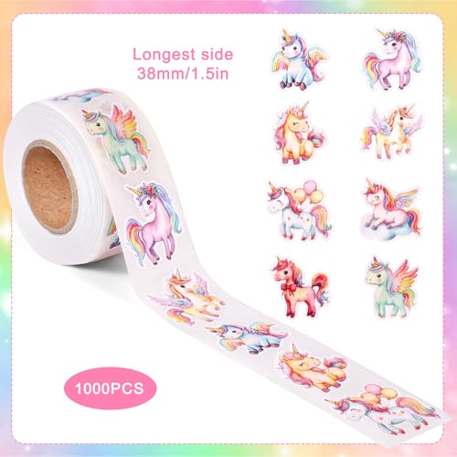 2 Rolls Unicorn Rainbow Stickers, 1000 stuks Cute Cartoon Eenhoorn Stickers DIY Craft Reward Stickers voor Envelopes Dieren Stationerie Verjaardagsfeest Geliefden