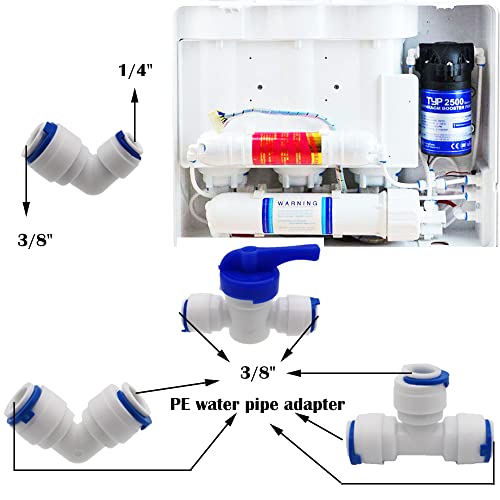 3/8" RO waterfilter, 5m koelkastslang, (T + L type combo + afsluitventiel), L type aansluiting 1/4" tot 3/8" fittingen met slangsnijder