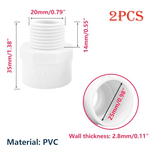 2 stuks PVC Pipe Fittings, 25mm x 1/2 inch Man Thread Pipe Fittings Adapter Connector, voor PVC Hookah Accessoires (Slip to Male Thread)