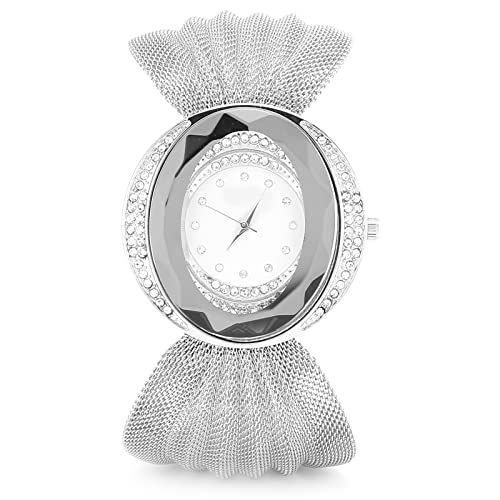 Modieuze dames horloge met brede mesh band, dames mode horloge analoge quartz horloges dames casual polshorloge roestvrij staal mesband, Quartz glanzende elegante polshorloge voor vrouwen(zilver)