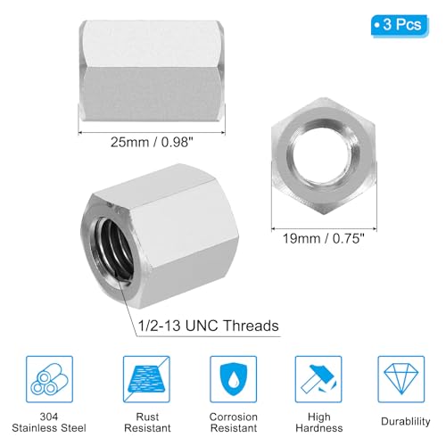 1/2"-13 UNC 304 Roestvrij staal Zeshoekige koppelmoeren, 3 st. 1" Lengte Volledige draad Stang Coarse koppeling Nut Connecting Elements, Silver Tone