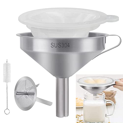 5 Inch Roestvrij stalen Funnel met handvat, Metalen Funnel, Keuken Funnel, Funnel Set, 300 Mesh Filter, Afneembare Strainer, 1 Schoonmaakborstel, Keuken, Olie Hopper set