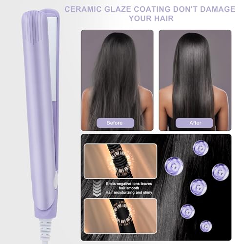 Mini kort haar straightener, 2 in 1 Mini haar straightener Travel Beauty Heating Flat Curling Iron Pink EU Plug L Ceramic Toermalijnplaat (paars) 3