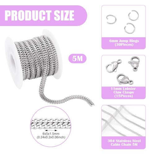 5M roestvrij stalen curb ketting 6x5x1,5mm Dikke Cubaan Kettingen Metalen slang ketting maken Kit met Jump Rings Klauw sluitingen voor DIY armband sieraden 5